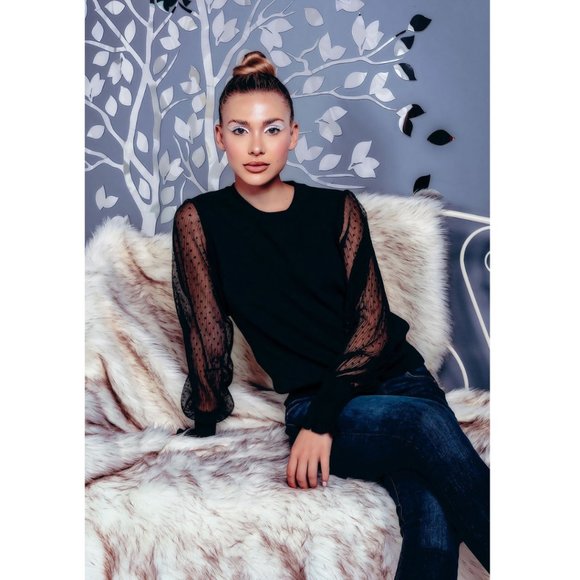 🥳🥳HP🥳🥳Black Mesh Sleeve Knit Pullover NWT - Picture 2 of 4